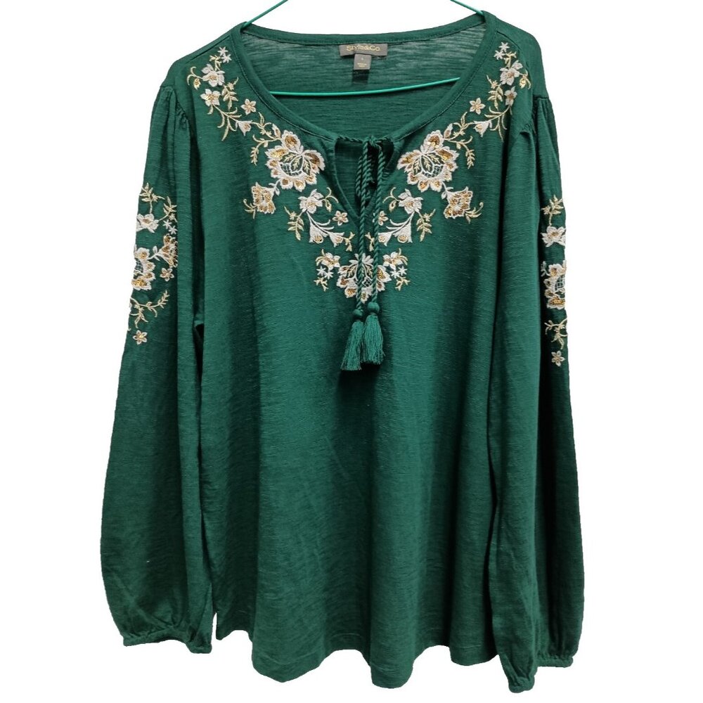 Style & Co. Emerald Green Embroidered Peasant Blouse
